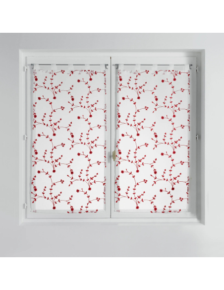 Paire de voilages à passants 2 x 60 x 160 cm Petites fleurs blanc et rouge