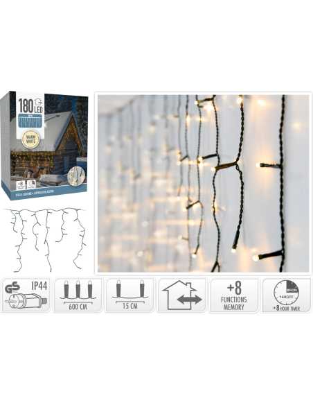 Rideau stalactite LED 6m – 180 LED blanc chaud IP44