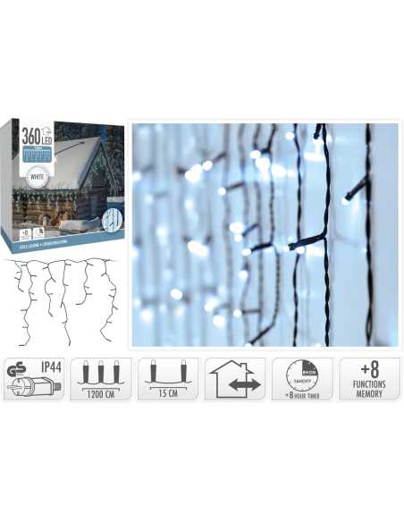 Rideau stalactite LED 12m – 360 LED blanc froid IP44