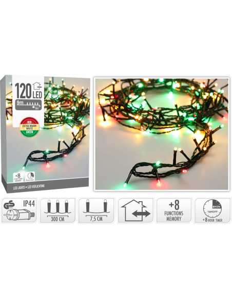 Guirlande lumineuse 9m – 120 LED rouge blanc chaud vert