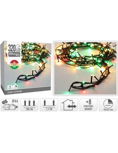 Guirlande lumineuse 24m – 320 LED rouge blanc chaud vert