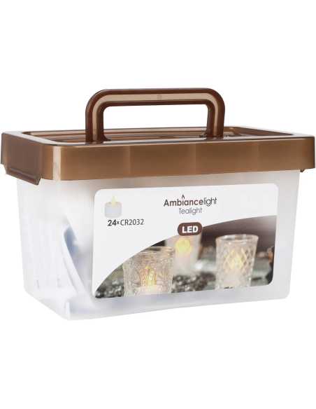 Lot de 24 bougies chauffe-plat LED blanc chaud avec valisette plastique – Piles CR2032 incluses