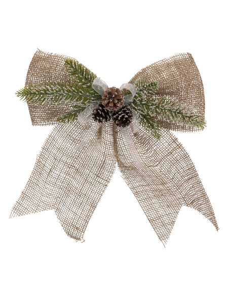 Nœud en jute décoratif Noël avec pomme de pin 33 x 38 cm