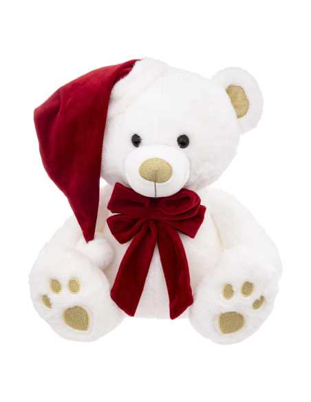 Peluche ours blanc de Noël avec bonnet et nœud 48 cm