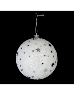 Boule de Noël pailletée blanche 8 cm avec étoiles argent
