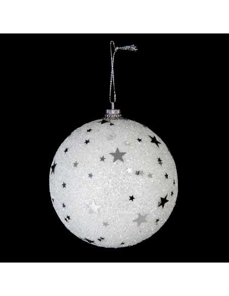 Boule de Noël pailletée blanche 8 cm avec étoiles argent