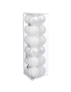 18 Boules Noël Blanc 3 cm - Nacré Pailleté Flocon