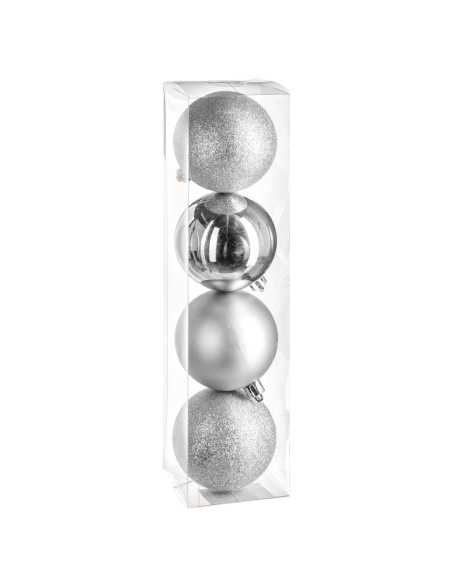 4 Grosses Boules Noël Argent 8 cm - Brillant Mat