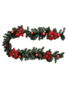 Guirlande Noël 2m Sapin Poinsettia et Boules Rouges