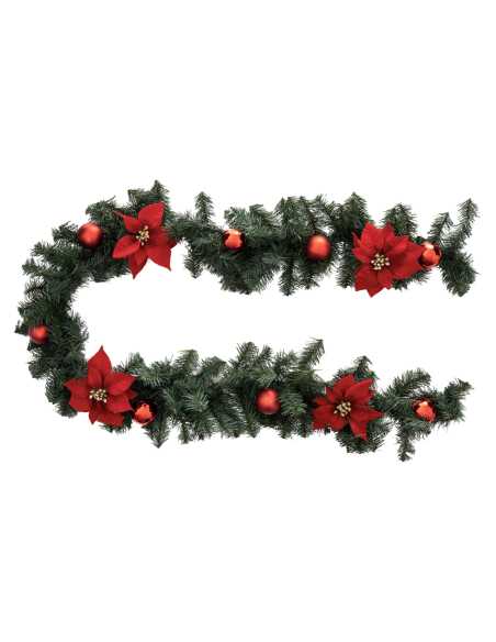 Guirlande Noël 2m Sapin Poinsettia et Boules Rouges