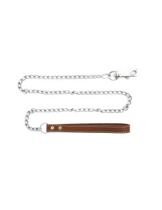 Laisse métal poignée cuir synthétique, 120x2,5 cm, brun