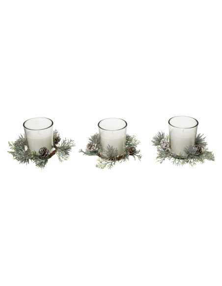 Lot 3 Photophores Centre Table Noël Branche Sapin et Pomme de pin Nature