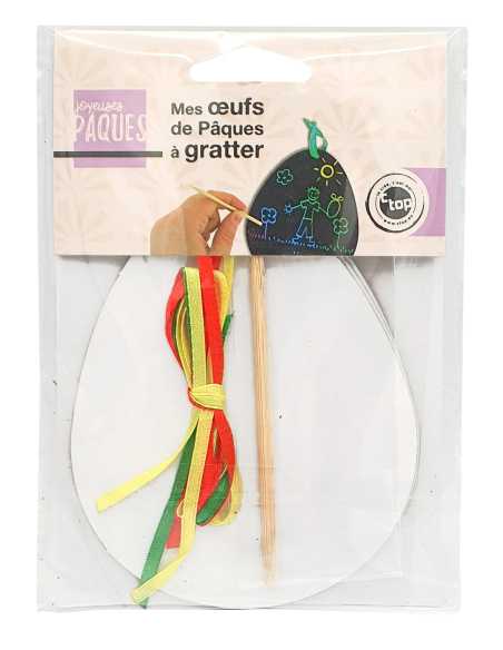 5 Œufs Pâques à gratter 11x9,5 cm + grattoir rubans