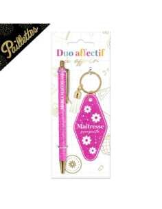 Stylo et porte-clés Maitresse parfaite rose paillettes | Cadeau maîtresse