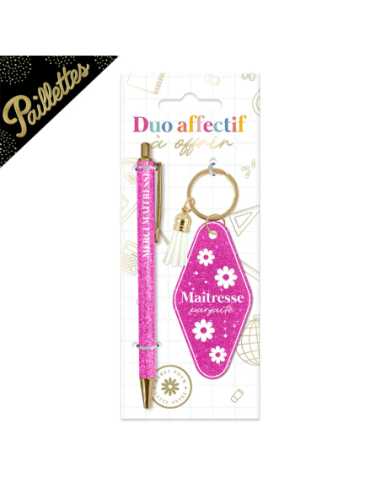 Stylo et porte-clés Maitresse parfaite rose paillettes | Cadeau maîtresse