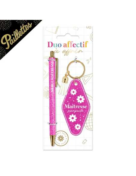 Stylo et porte-clés Maitresse parfaite rose paillettes | Cadeau maîtresse