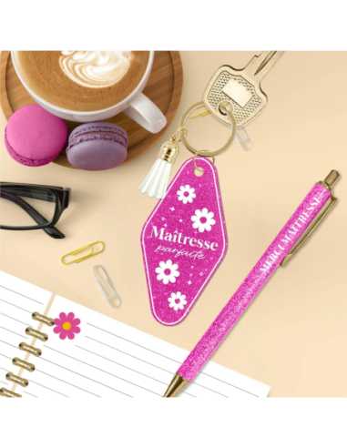 Stylo et porte-clés Maitresse parfaite rose paillettes | Cadeau maîtresse