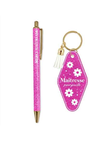 Stylo et porte-clés Maitresse parfaite rose paillettes | Cadeau maîtresse