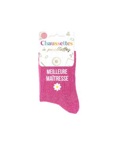 Chaussettes paillettes Meilleure maitresse rose T36/42 | Cadeau maîtresse