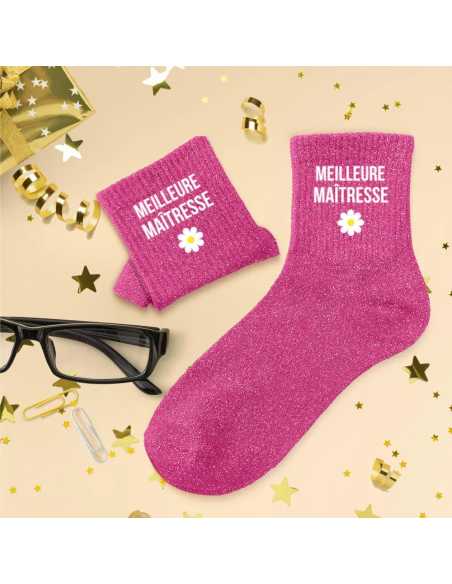 Chaussettes paillettes Meilleure maitresse rose T36/42 | Cadeau maîtresse