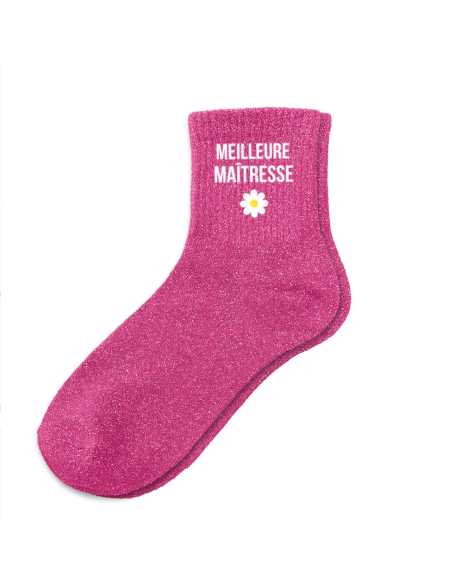 Chaussettes paillettes Meilleure maitresse rose T36/42 | Cadeau maîtresse