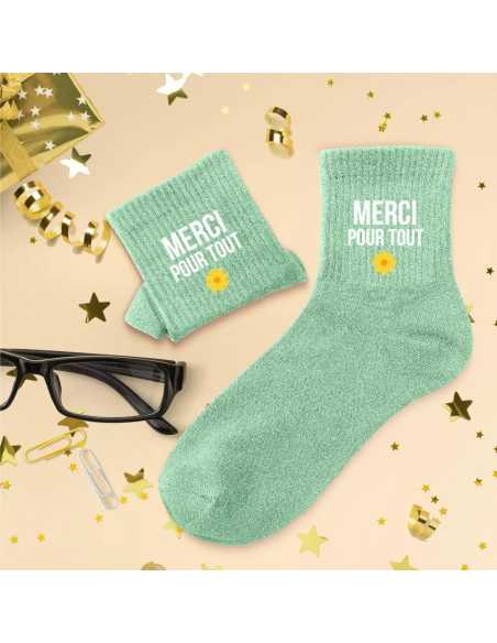 Chaussettes paillettes Merci pour tout verte T36/42 | Cadeau fin d'année