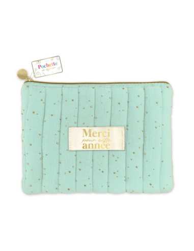 Pochette coton verte Merci pour cette année 23x15cm | Cadeau maîtresse