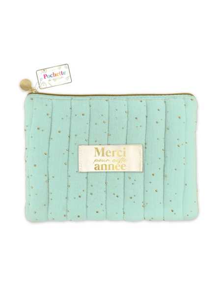 Pochette coton verte Merci pour cette année 23x15cm | Cadeau maîtresse
