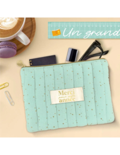Pochette coton verte Merci pour cette année 23x15cm | Cadeau maîtresse 2