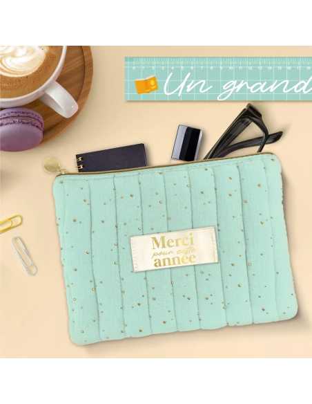 Pochette coton verte Merci pour cette année 23x15cm | Cadeau maîtresse