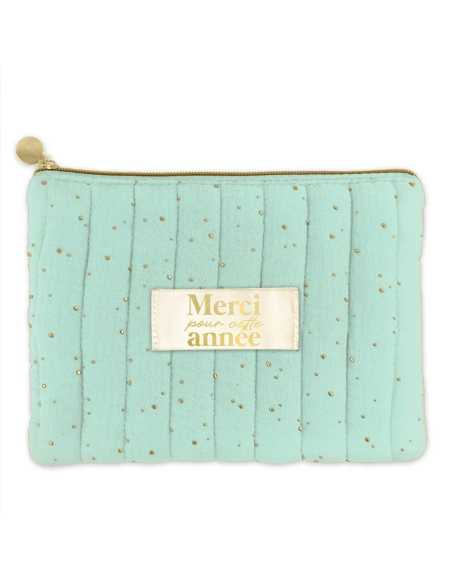 Pochette coton verte Merci pour cette année 23x15cm | Cadeau maîtresse