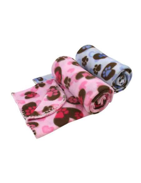 Plaid microfibre,100x150 cm, imprimes coeurs pattes rose brun