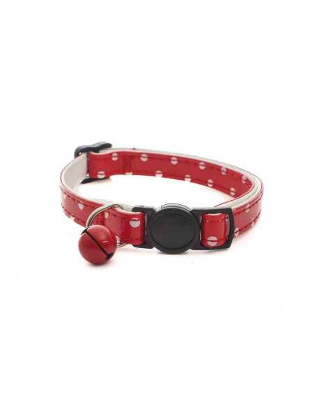 collier chat cuir synthetique,32x1cm,rouge pois blanc