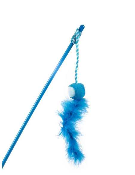 Canne à Pêche Chat 56cm Bleu Balle Boa Plumes | Jouet Interactif