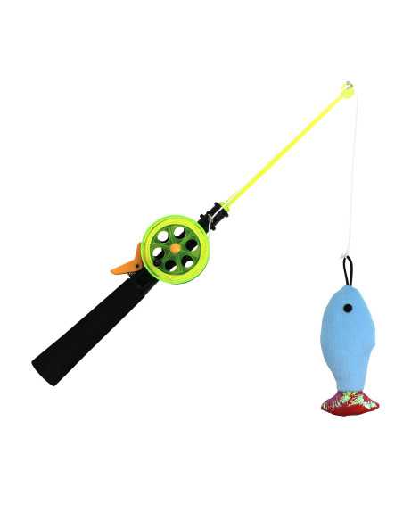 Canne à pêche jouet pour chat avec moulinet et poisson – 35 cm – Bleu