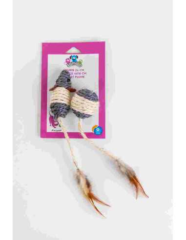 Jouets chat souris 24 cm et balle 4x18 cm, sisal et plume, gris blanc