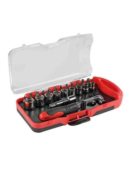 Coffret 23 pcs : cliquet mini reversible + 9 douilles + 12 embouts + allonge