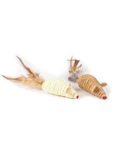 duo de souris raphia et plumes, 7x3 cm