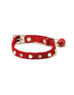 Collier chat cuir synthétique, strass, 30x1cm, rouge