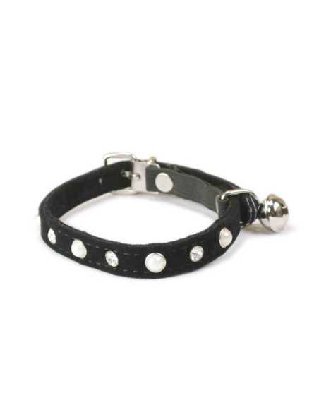 Collier chat cuir synthétique, strass 30x1cm, noir