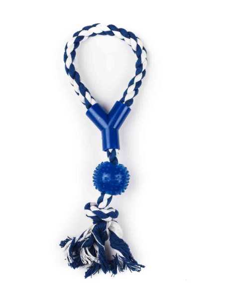 Corde 33 cm, balle caoutchouc picots, bleu blanc