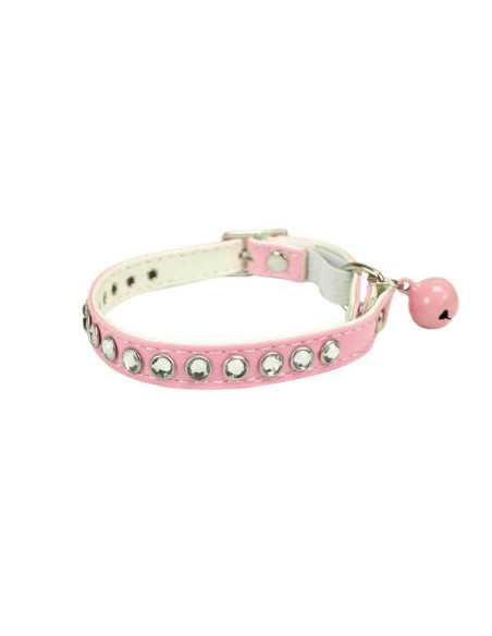 collier chat cuir synthetique,strass30x1cm,argent