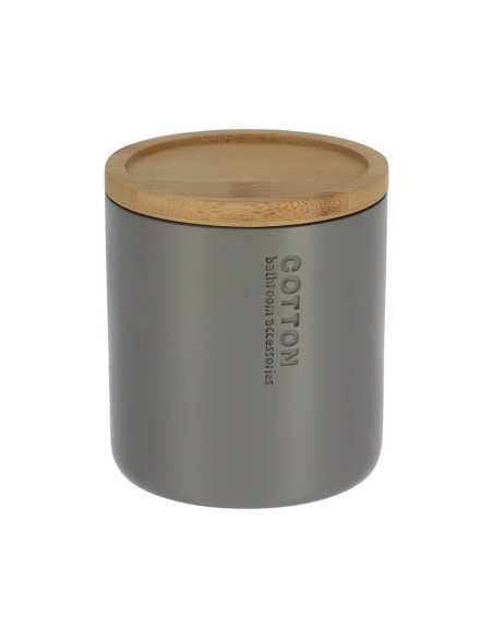 Boite A Coton Polyresine Couvercle Bambou - Gris/Bambou