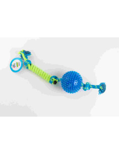 Jouet chien corde et balle TPR 46 cm, vert et bleu