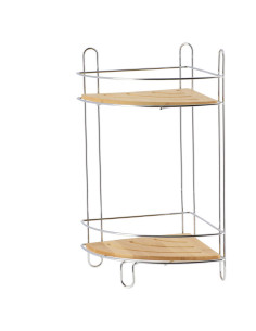 Etagere D'Angle Fil Metal/Bambou 2 Niveaux - Chrome/Bambou