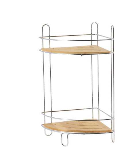 Etagere D'Angle Fil Metal/Bambou 2 Niveaux - Chrome/Bambou
