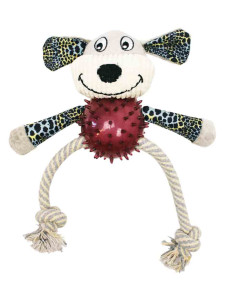 Peluche chien léopard, balle caoutchouc résistant,corde,32x24cm,beige