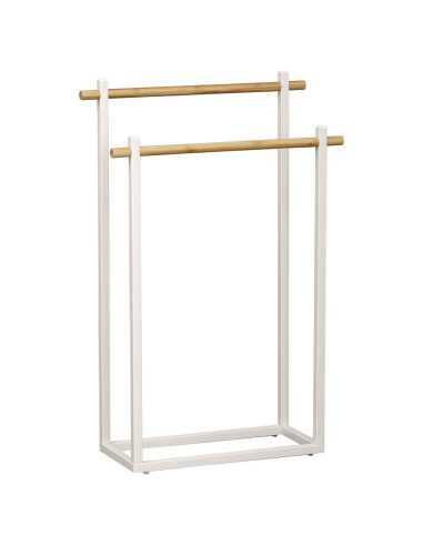 Porte Serviettes Metal Structure Rectangulaire Et 2 Barres Bambou - Blanc/Bambou