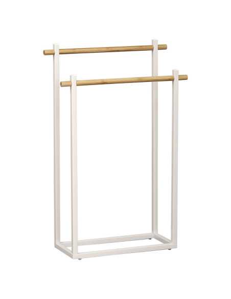 Porte Serviettes Metal Structure Rectangulaire Et 2 Barres Bambou - Blanc/Bambou