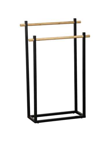 Porte Serviettes Metal Structure Rectangulaire Et 2 Barres Bambou - Noir/Bambou